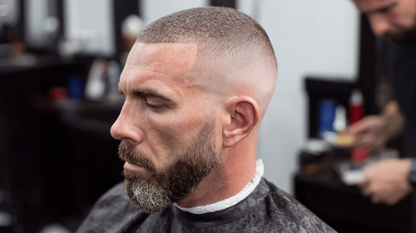 Man with a high fade buzz cut featuring short textured hair and clean faded sides.