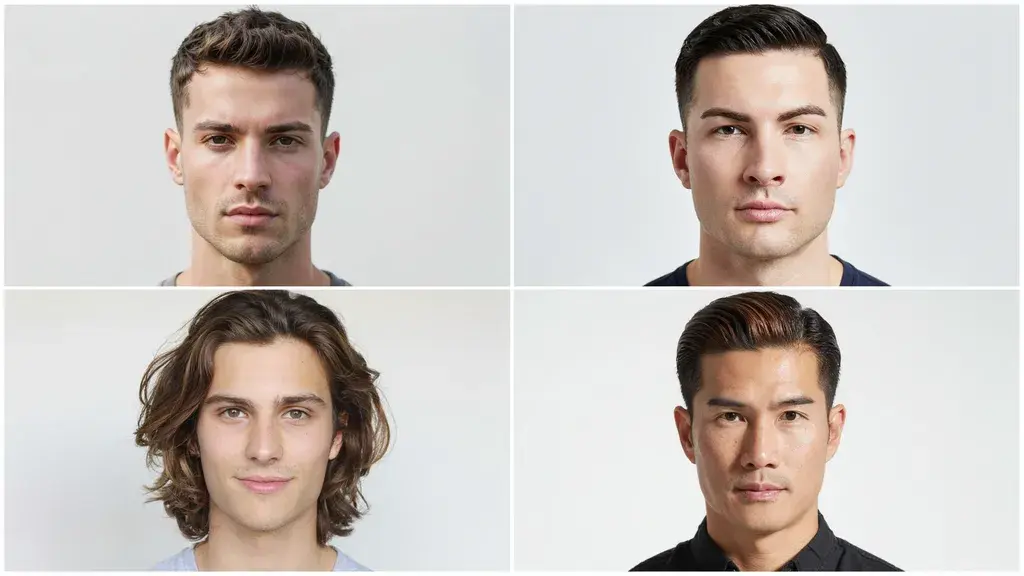 Four men's hairstyle examples showing short textured cuts, slicked back styles, and medium length layered hair variations in a collage layout