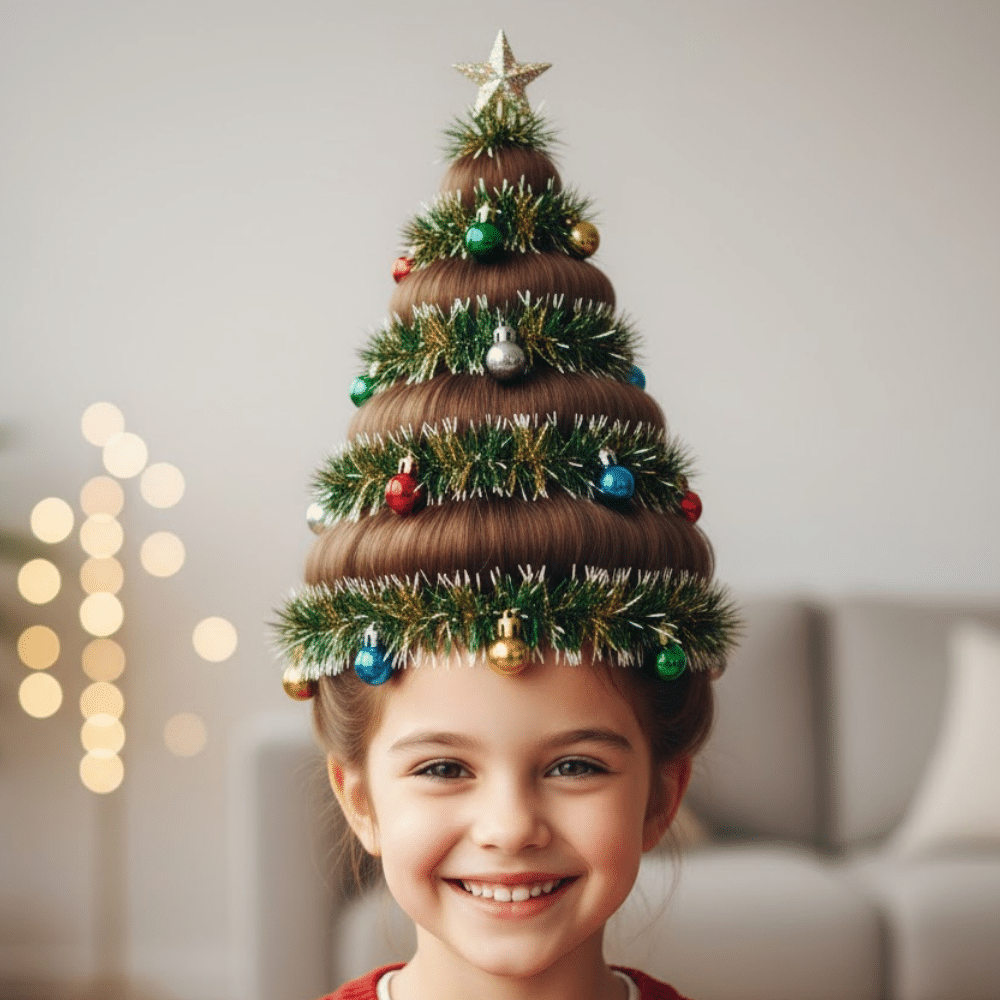 Girl with a Christmas tree shaped hairstyle decorated with tinsel, ornaments, and a star topper.