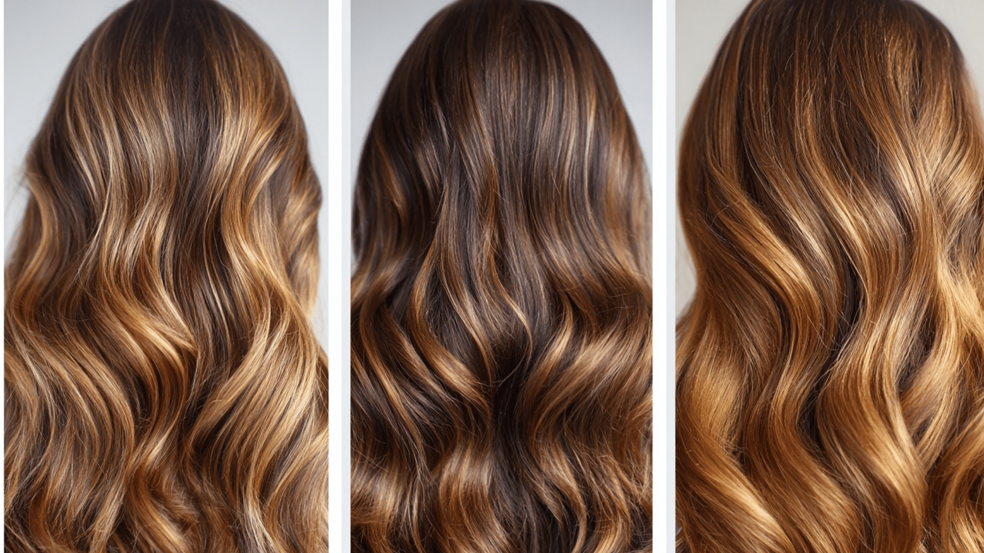 Side-by-side comparison of honey, caramel, and honey-caramel balayage hair color ideas on wavy brown hair for natural highlights inspiration.