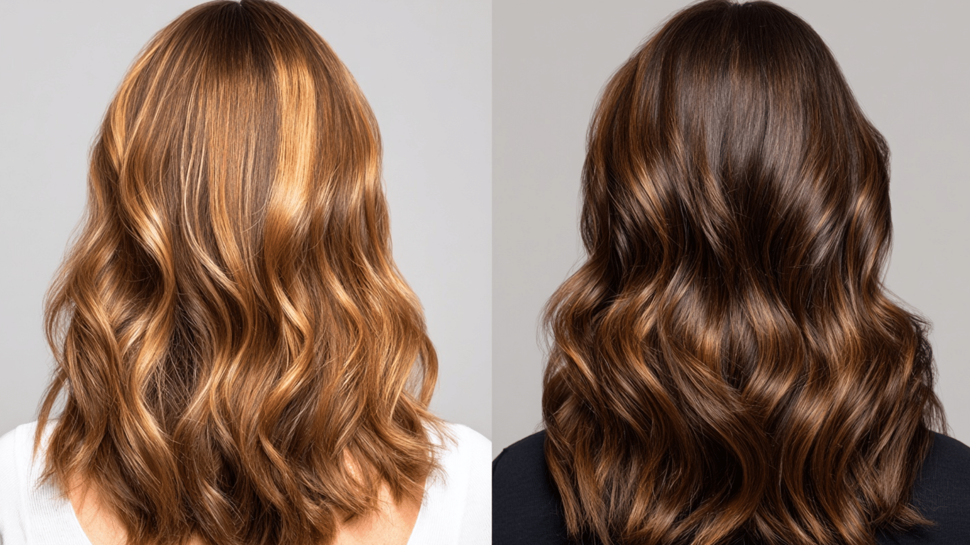Side-by-side comparison of honey blonde highlights versus caramel brown balayage on wavy medium-length hair for color contrast inspiration.