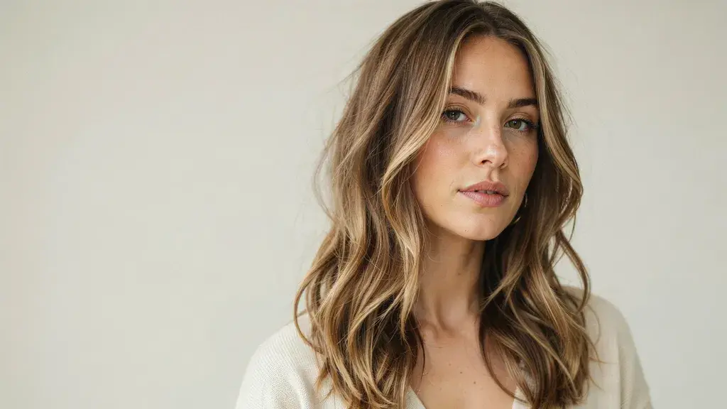 Dark blonde hair with soft brown roots and subtle highlights styled in loose waves for a natural dimensional look