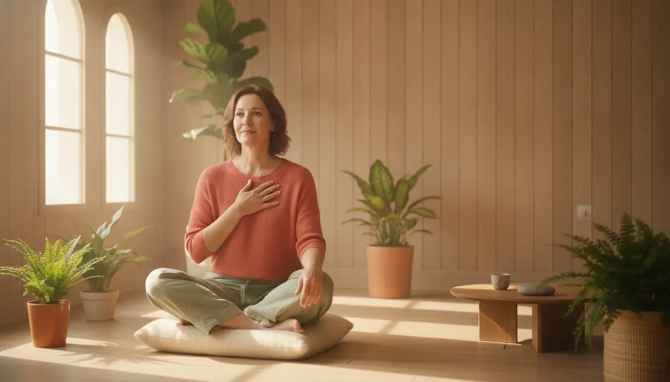 Woman meditating on cushion in sunlit room with potted plants and wooden table