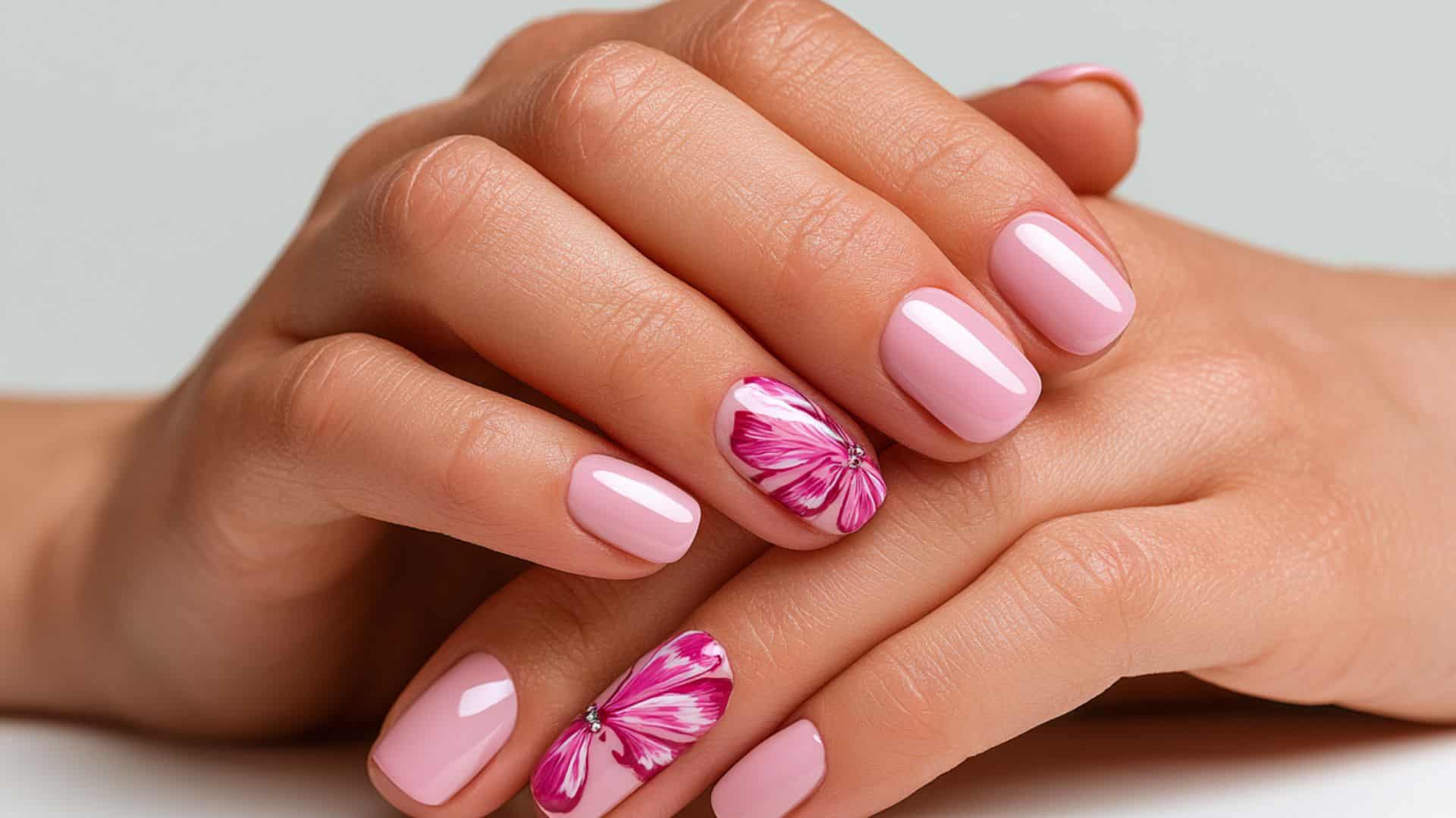 Soft pink nails with a detailed hot pink butterfly accent design.