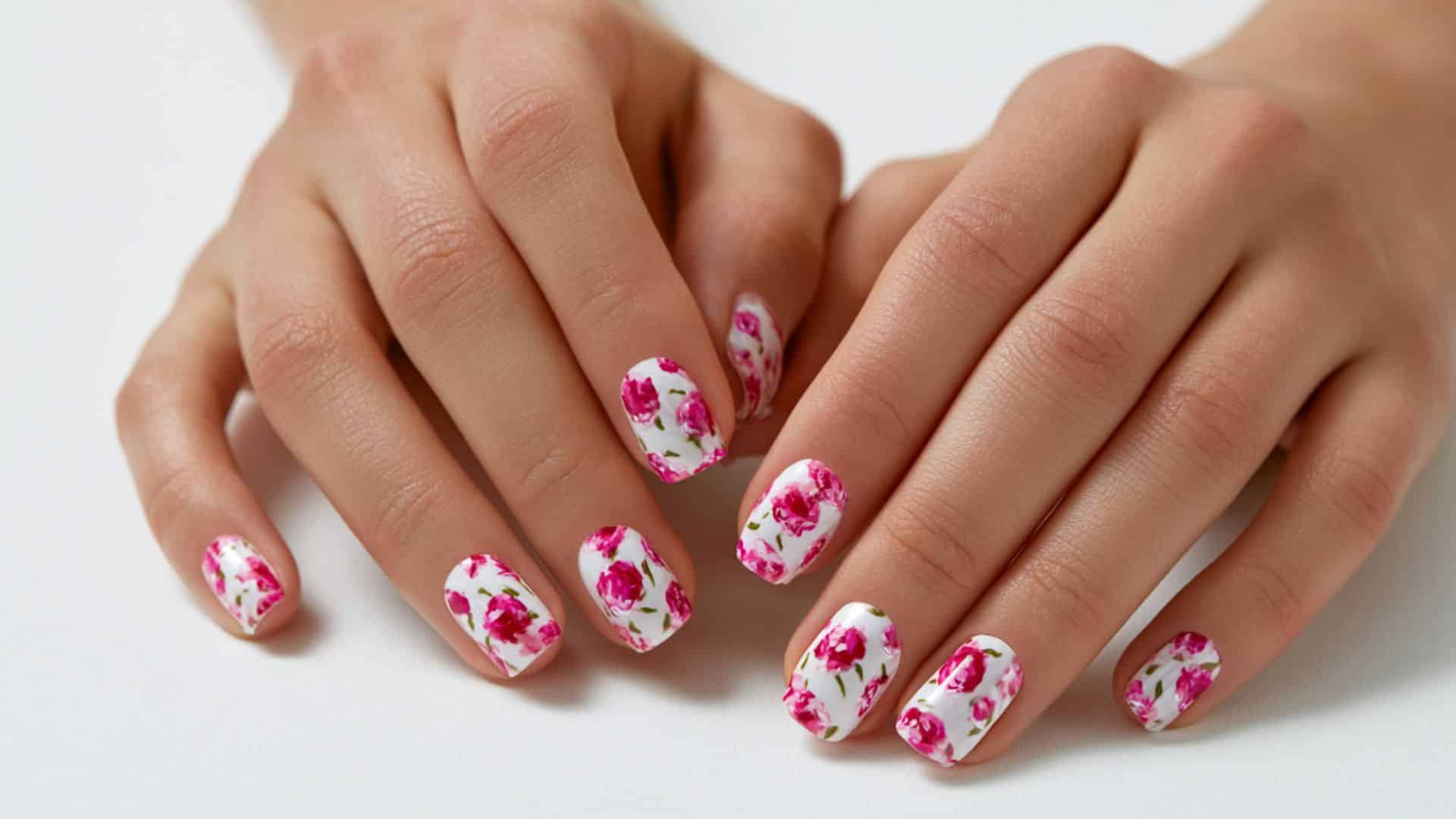 White base nails covered in painted hot pink rose floral patterns.