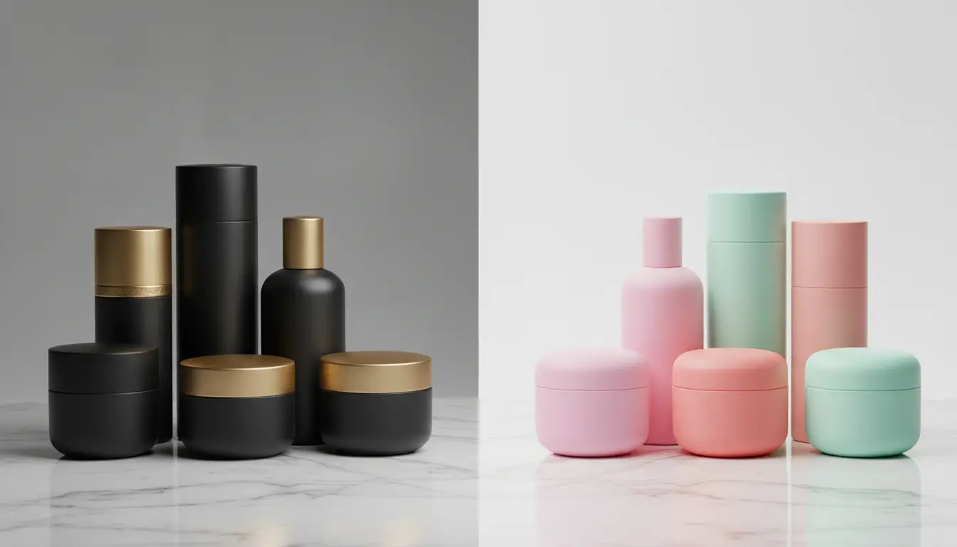 Contrasting black and gold, pastel pink and green cosmetic jars on marble surface