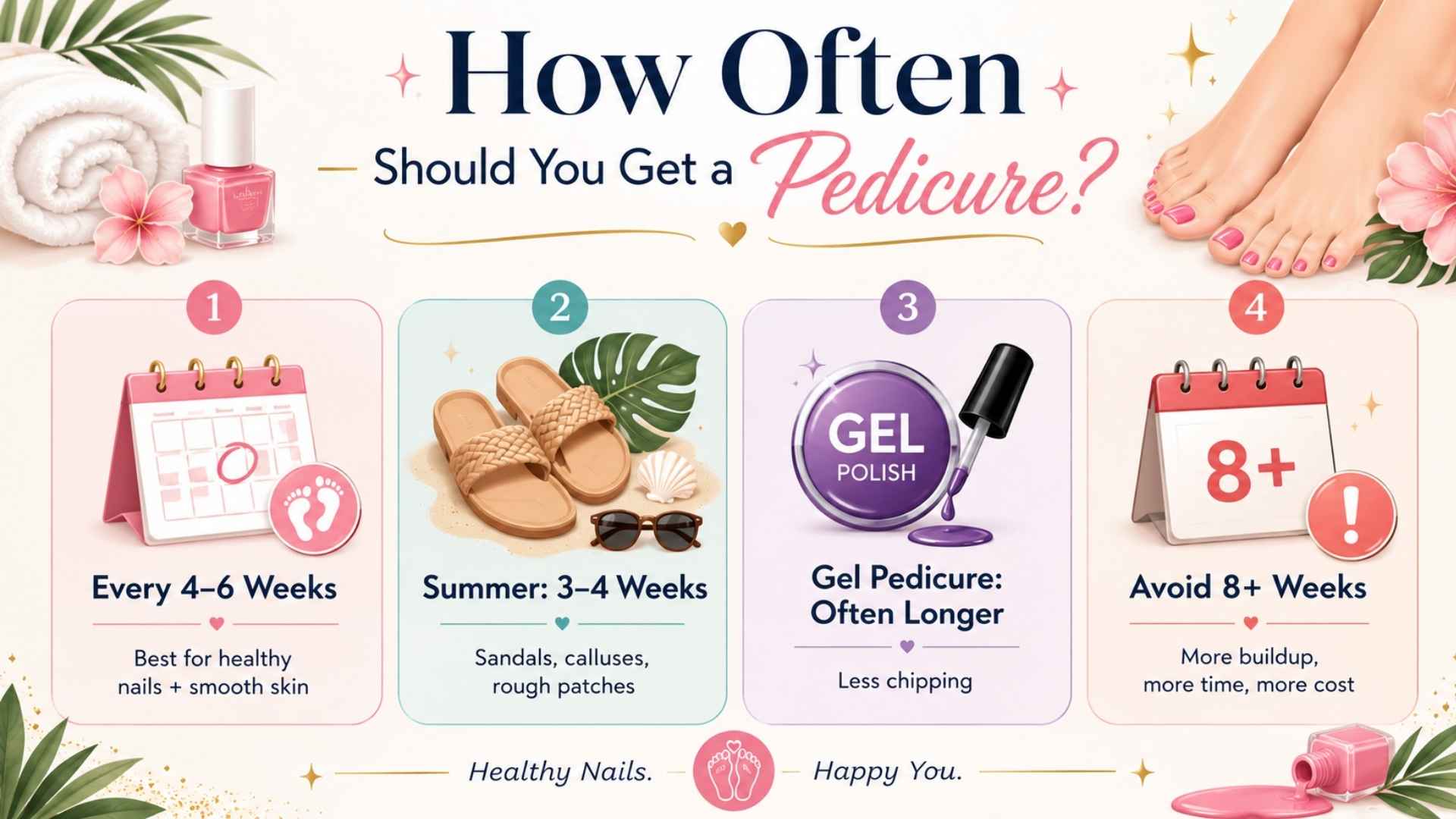 Pedicure frequency infographic showing recommended appointment timing for healthy feet and nails
