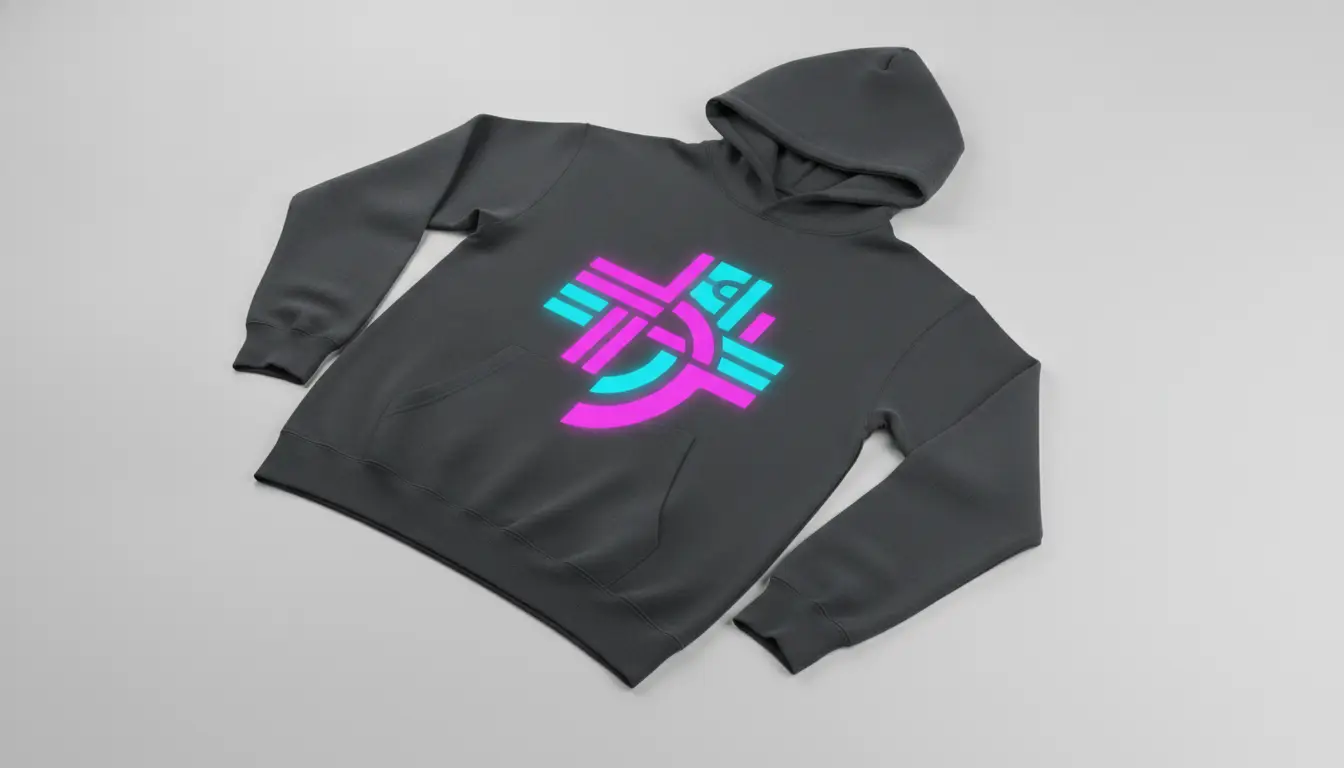 Dark gray hoodie with neon pink and blue geometric design on a light gray background