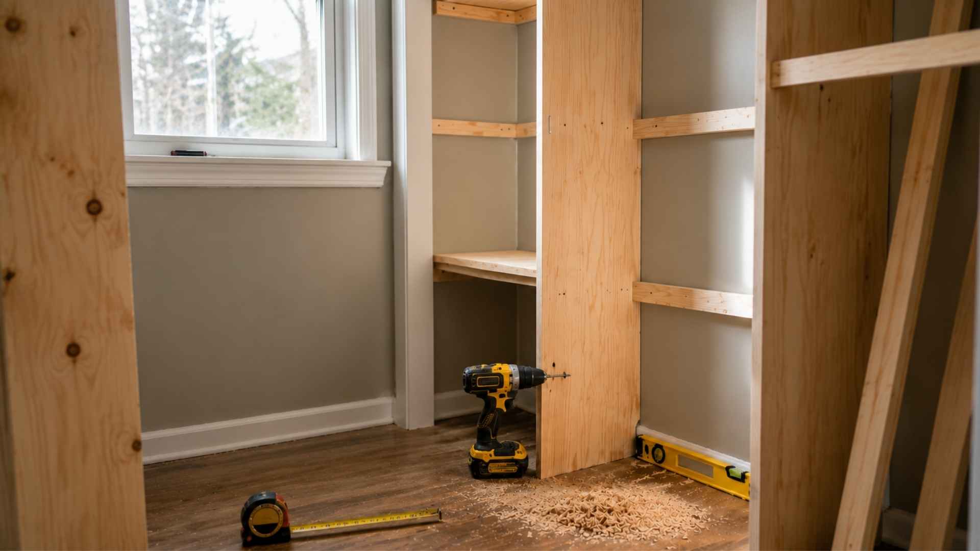 Unfinished wooden storage shelves with power tools and sawdust during a DIY closet renovation project