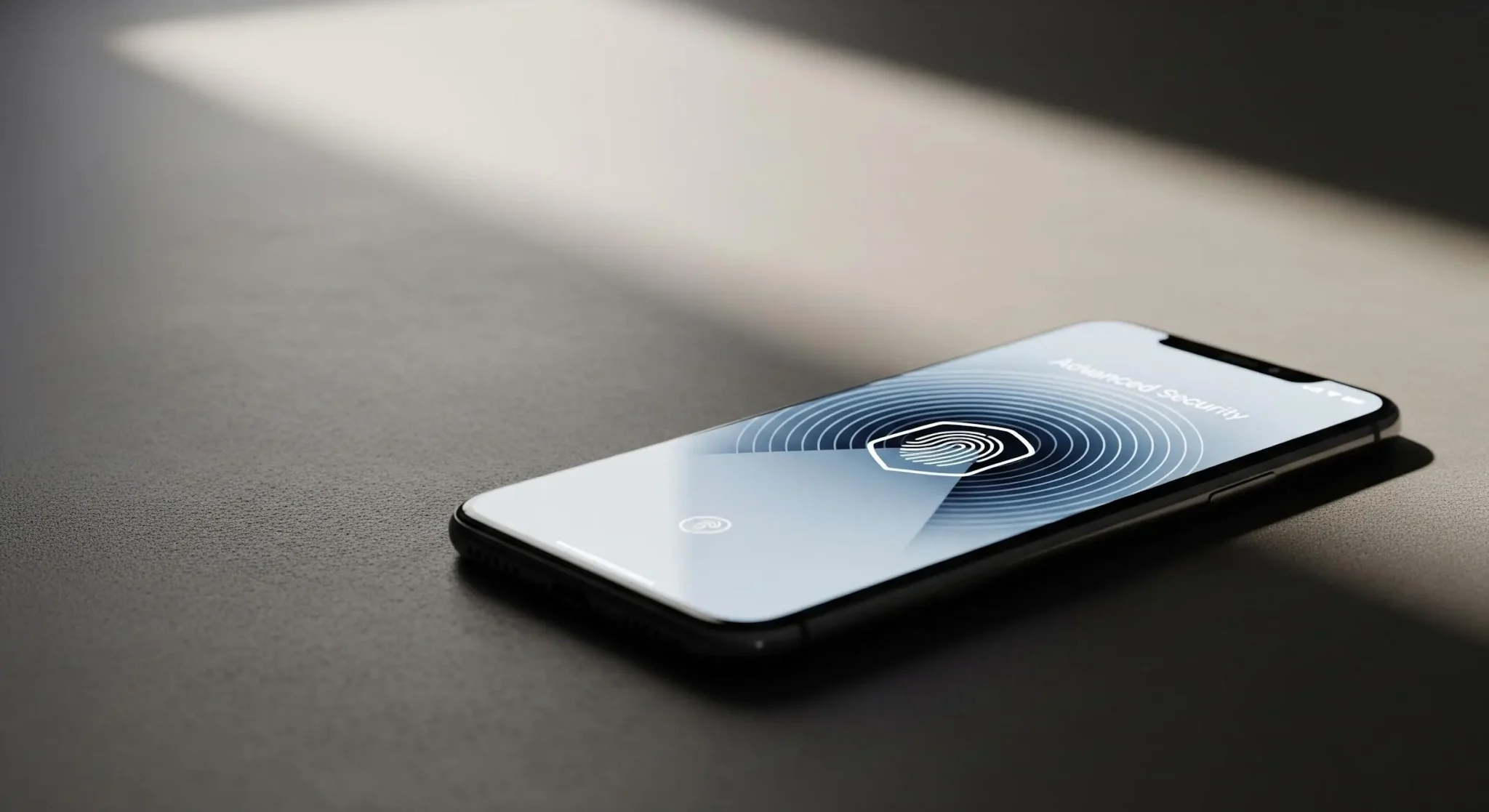 Smartphone with fingerprint security screen on dark surface illuminated by soft light