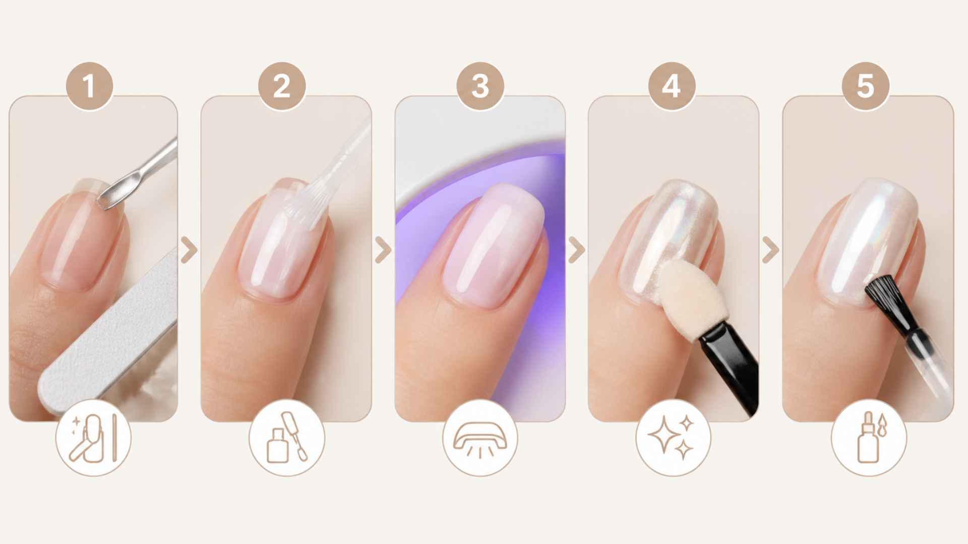 Step by step glazed donut nail manicure infographic showing nail prep, base coat, chrome powder, and glossy top coat steps
