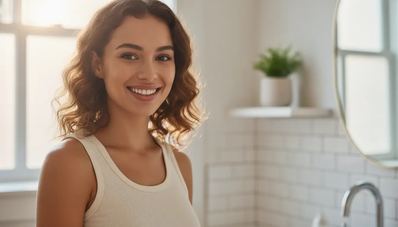 Woman smiling in a bright bathroom with white tiled walls and potted plant