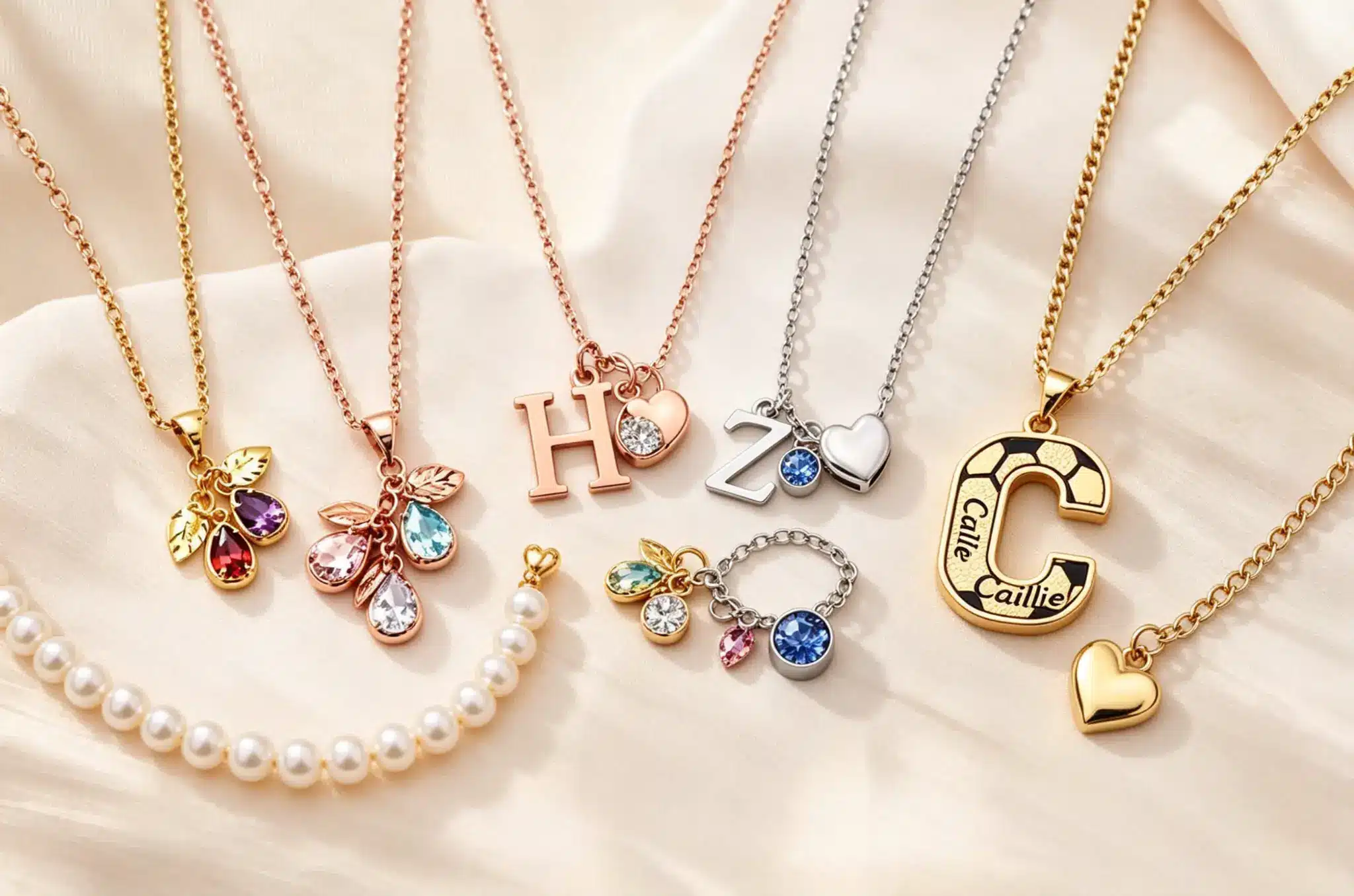 Assorted charm necklaces with initials and gemstones on a soft fabric backdrop