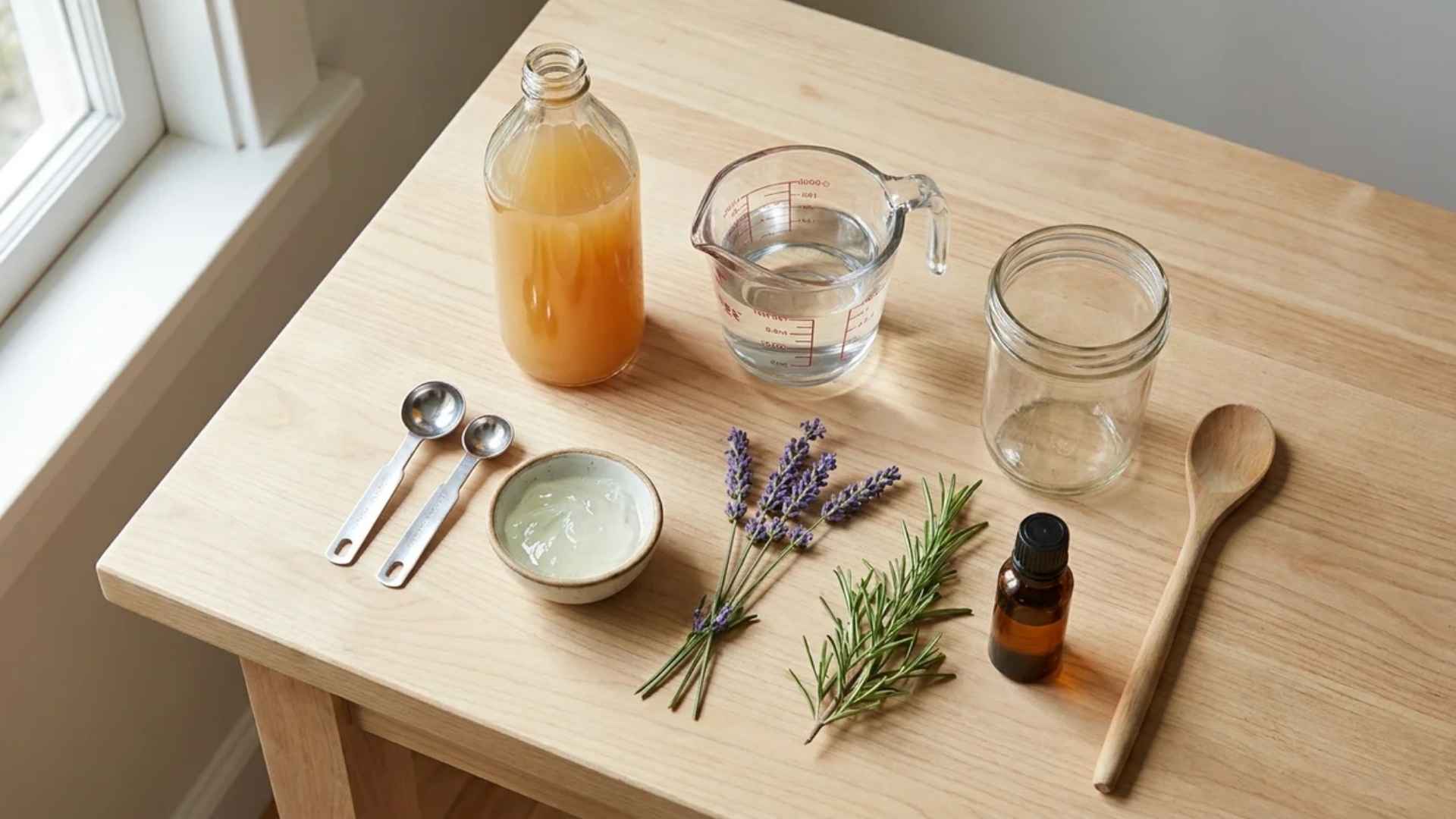 Apple cider vinegar rinse ingredients with measuring cups lavender rosemary aloe and bottle arranged on wooden table