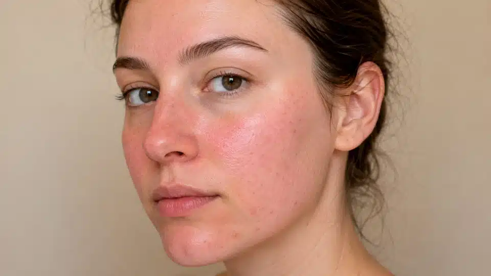 Close up portrait showing facial redness and sensitive skin with irritated cheek patches and natural skin texture visible
