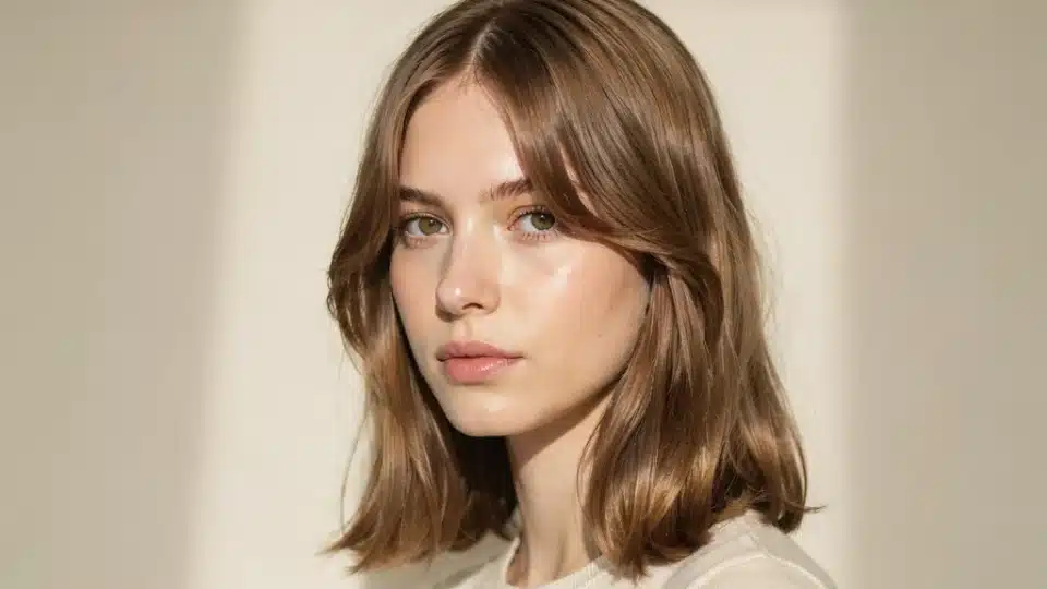 Woman with perfectly styled curtain bangs softly framing her face with smooth volume and a natural salon blowout finish