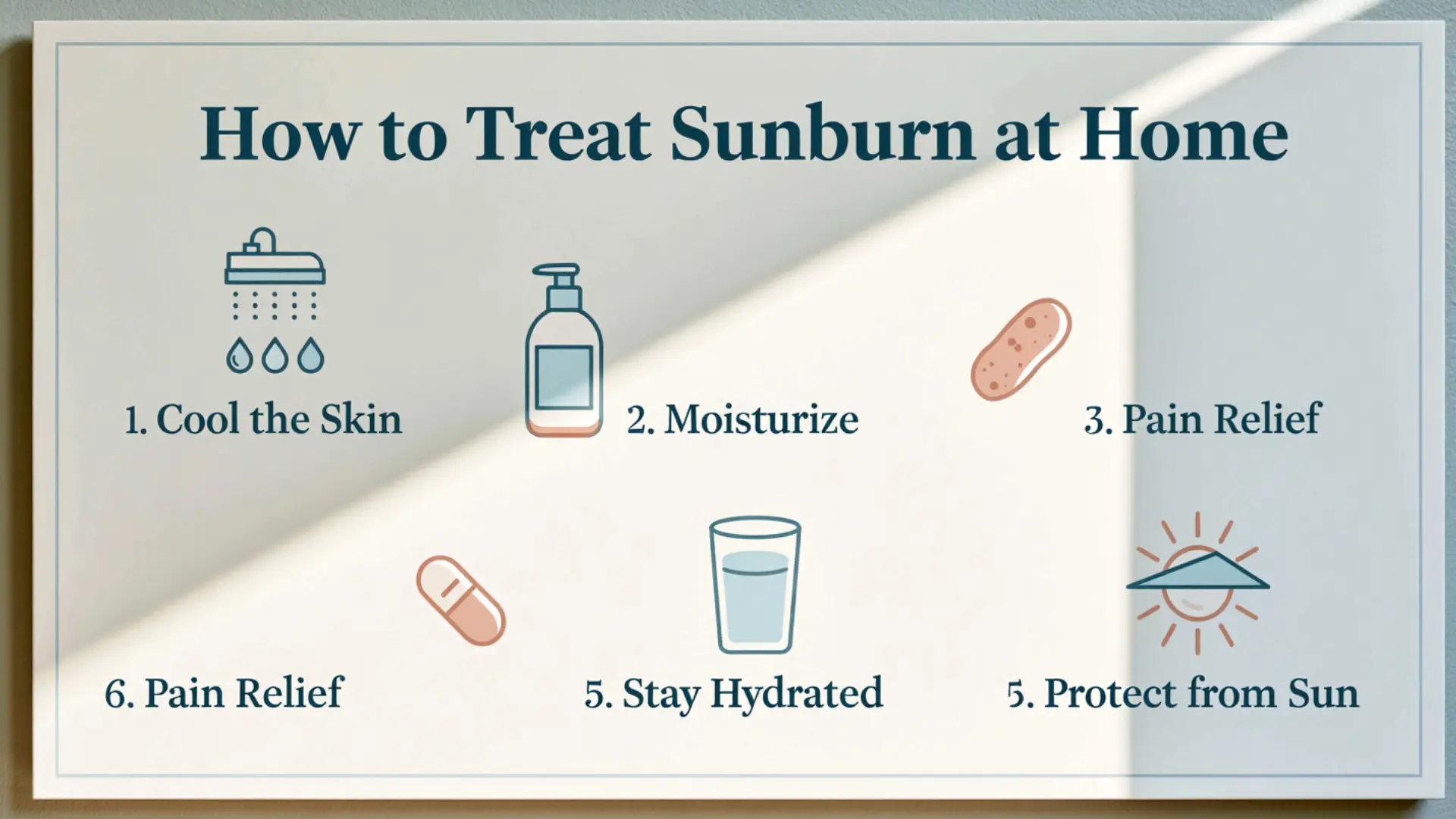 infographic showing five steps to treat sunburn at home