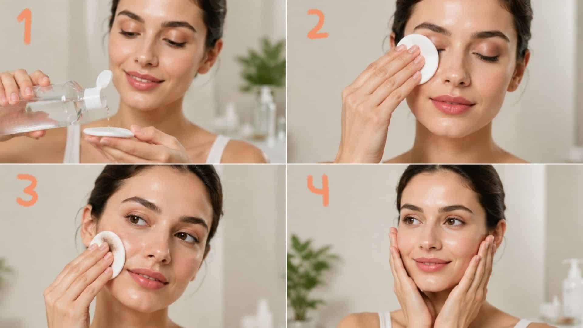 Woman demonstrating four steps of using micellar water with cotton pad for makeup removal and skincare routine