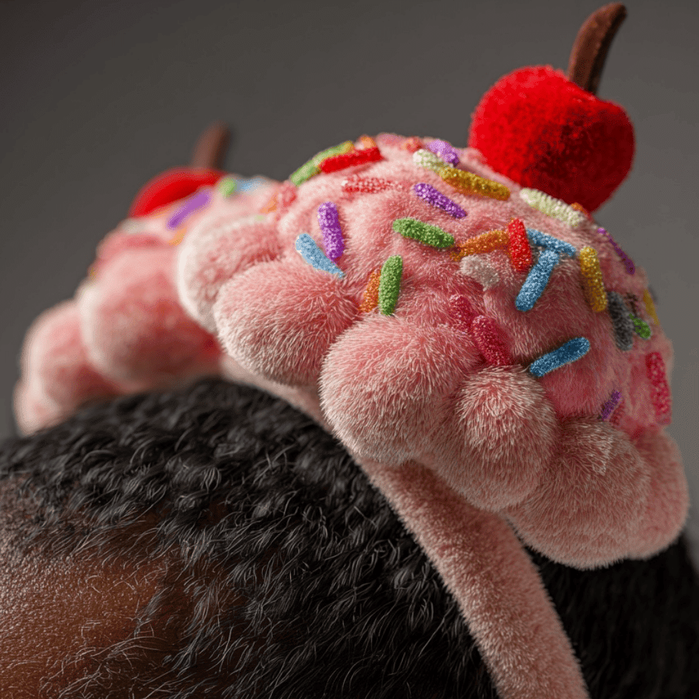 Child wearing an ice cream scoop headband with sprinkles and cherry decoration.
