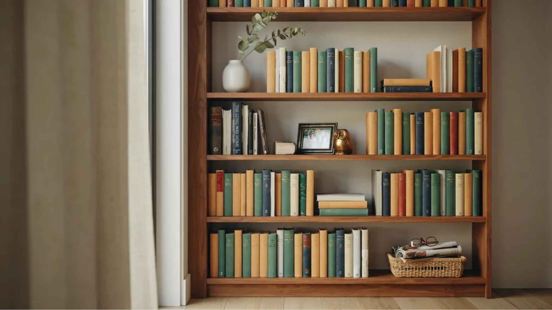 Framed photo and travel keepsake styled among books on a shelf