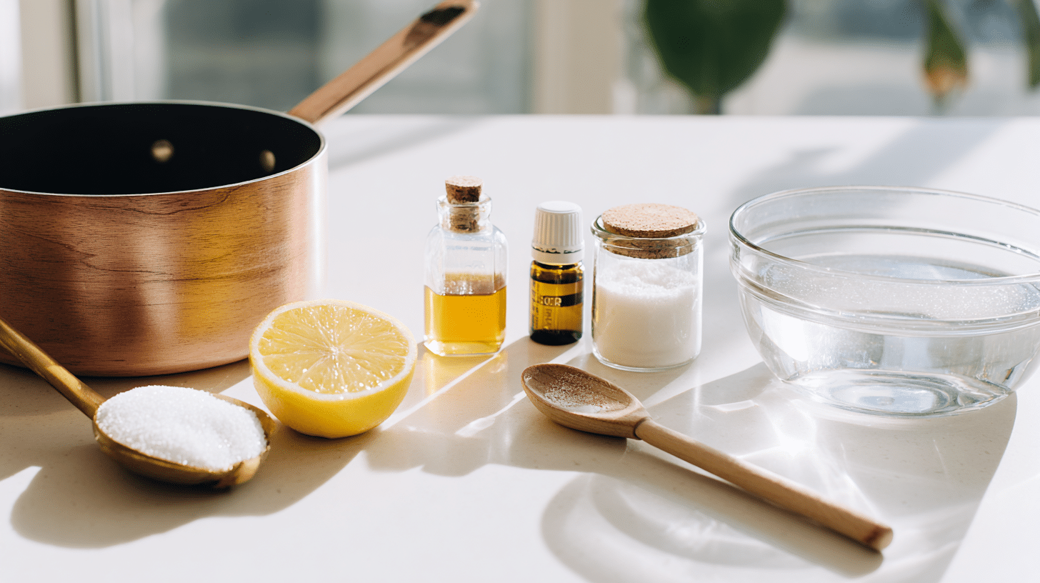 Sugar, lemon juice, and water measured out on kitchen counter for sugar wax recipe