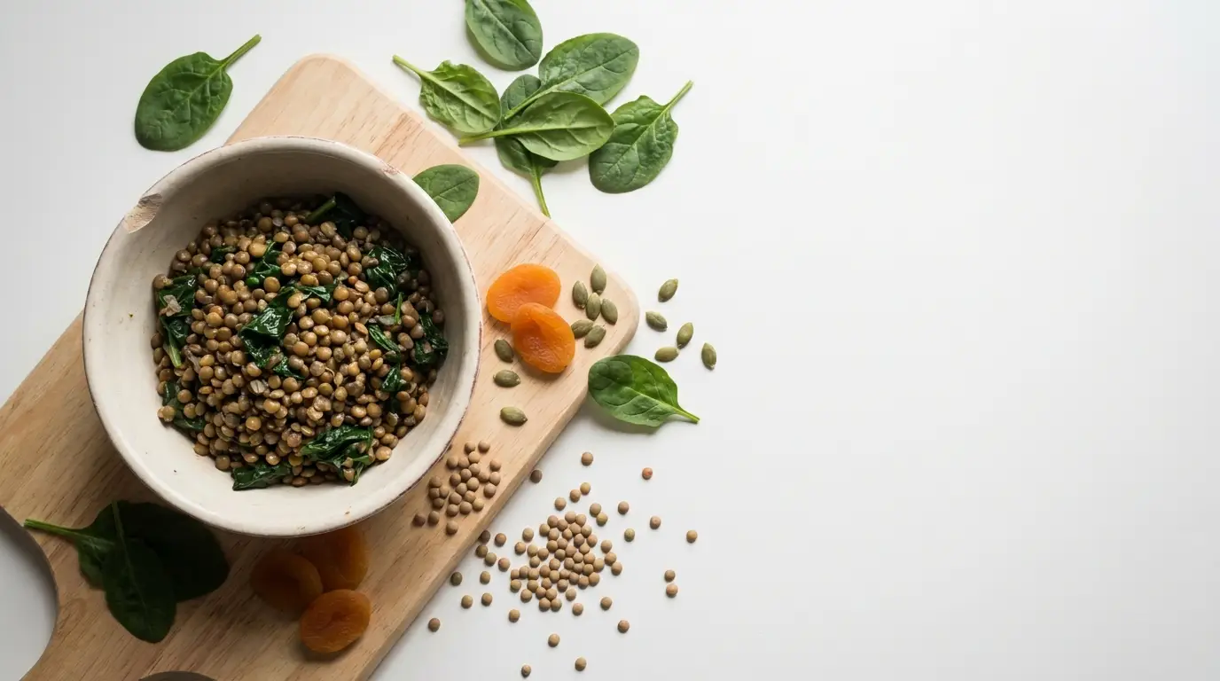Bowl of lentils with spinach on wooden board, surrounded by spinach leaves and dried apricots