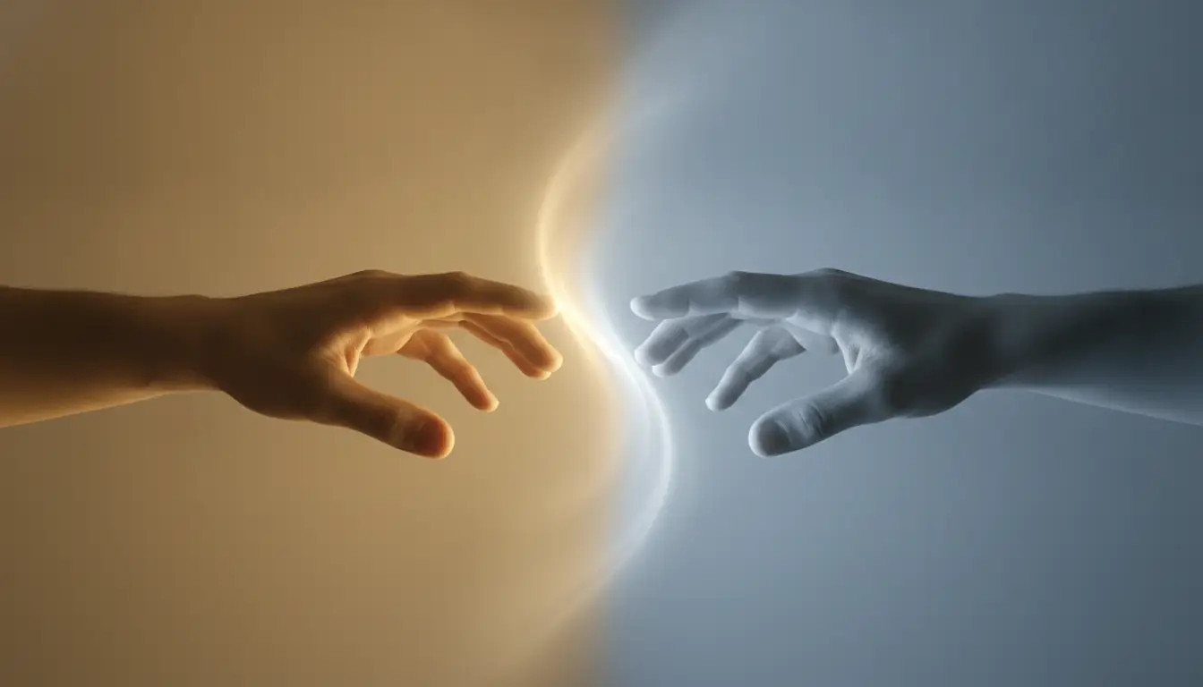 Two hands reaching towards each other with glowing warm and cool tones