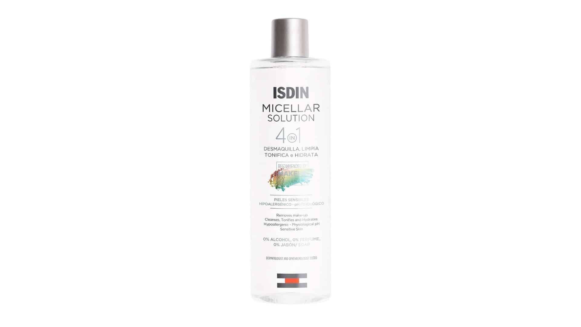 ISDIN Micellar Solution 4 in 1 bottle for sensitive skin makeup removal and facial cleansing