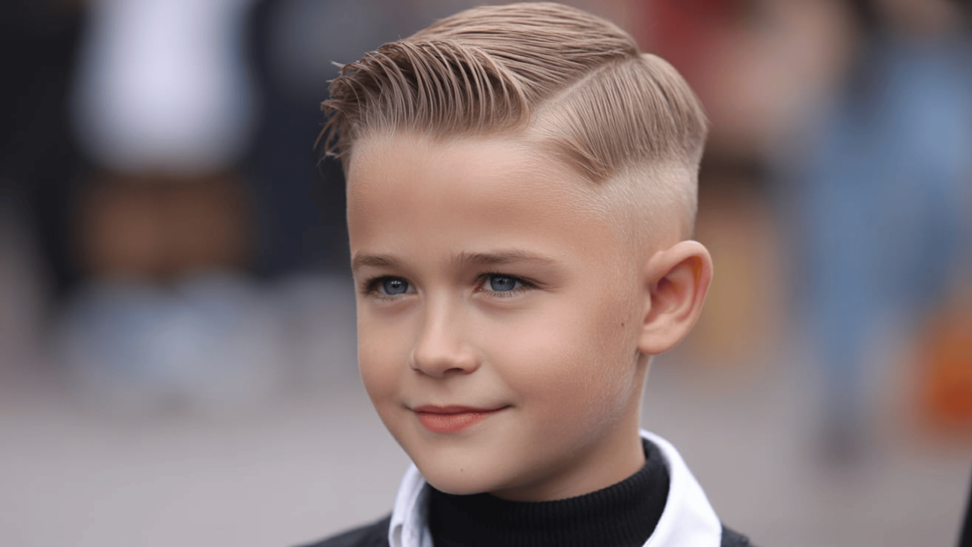Young boy with Ivy League haircut featuring side part and tapered sides, styled neatly in a modern portrait setting.