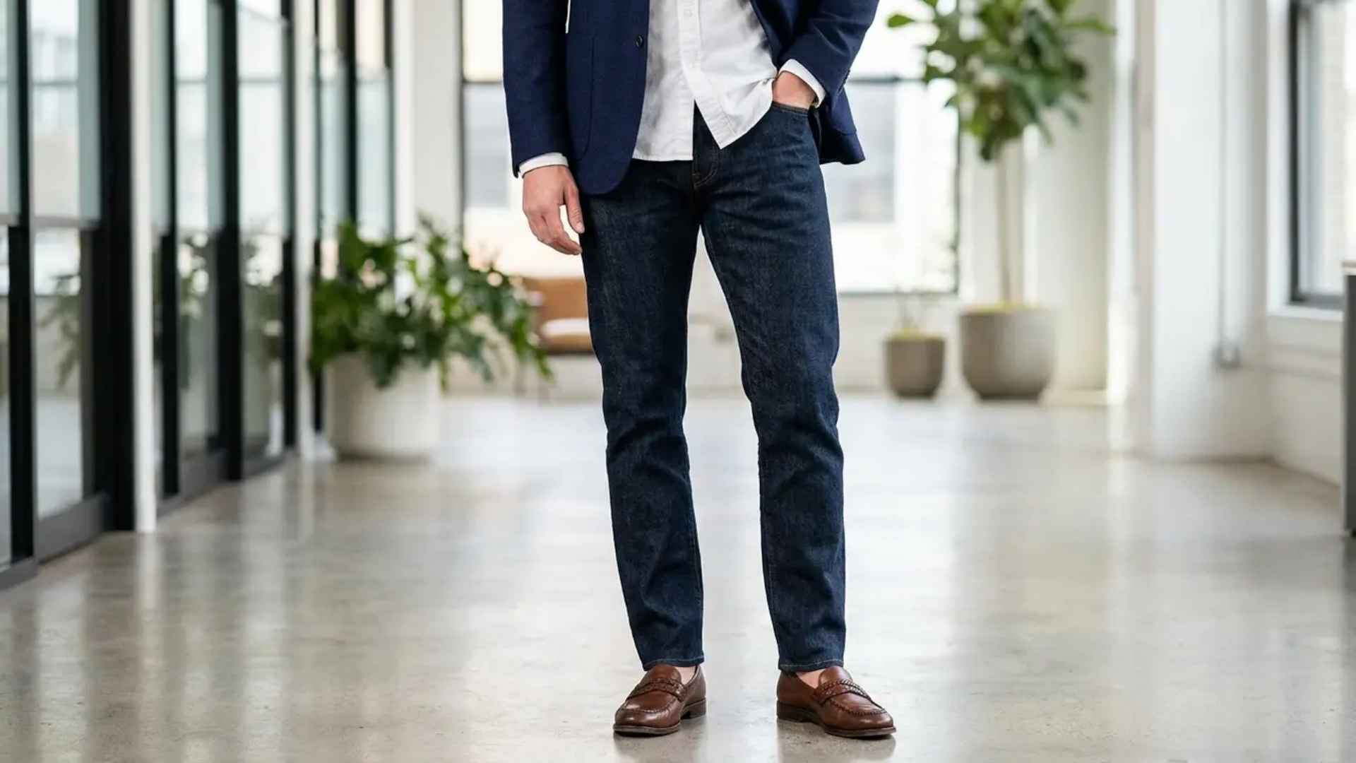 Business casual outfit with dark wash jeans, white shirt, navy blazer, and brown loafers in office