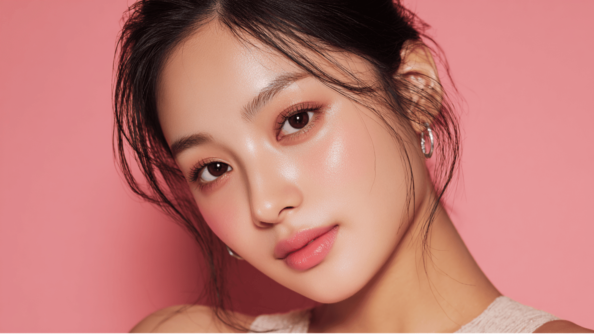 K beauty makeup with glowing skin, soft eyes, natural brows, and a youthful fresh appearance