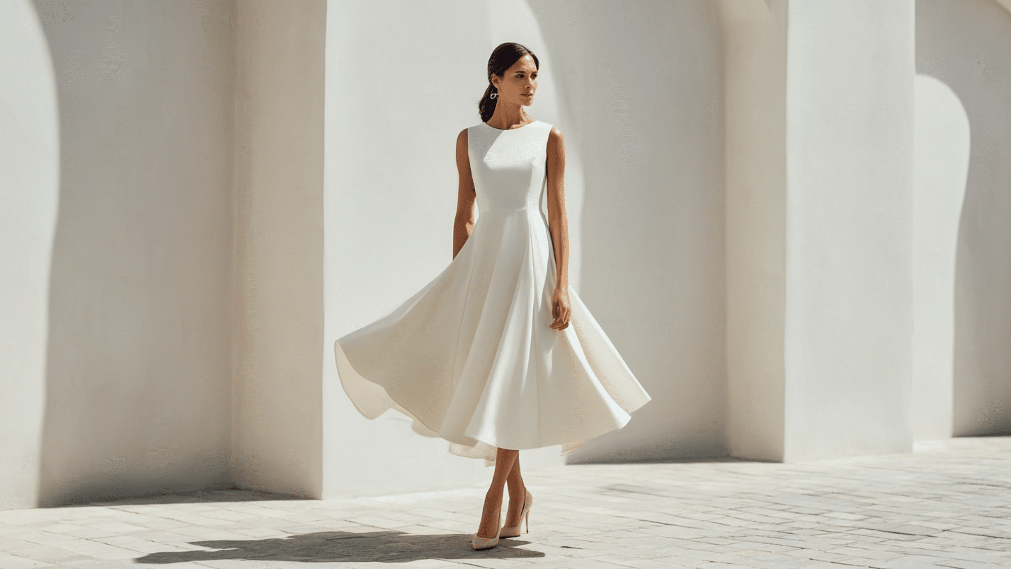 Elegant woman wearing a white tea-length A-line dress with mid-calf hem and heels in a bright modern architectural setting.