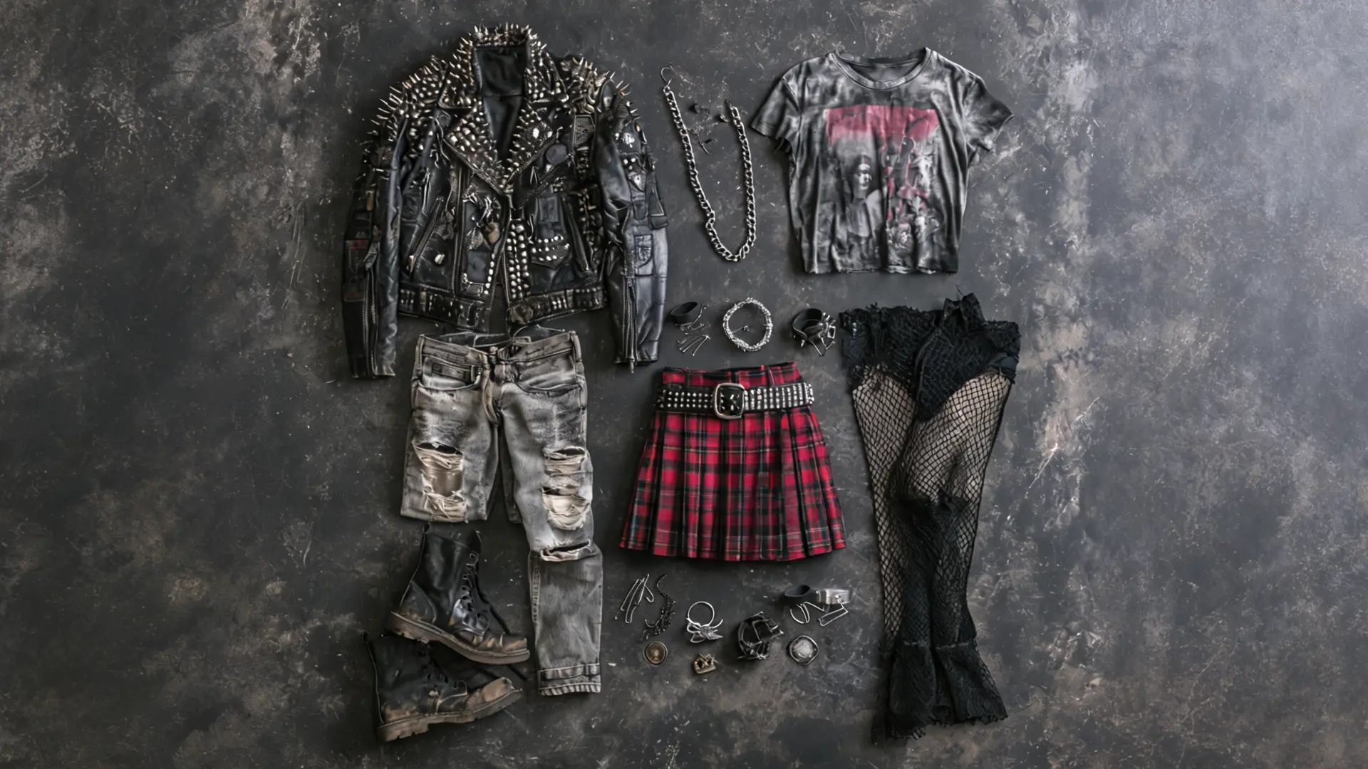 flat lay of 80s punk fashion elements including leather jacket, ripped jeans, plaid skirt, and chains