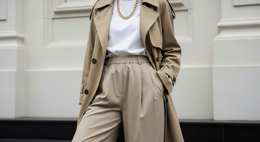 Khaki trench coat paired with neutral clothing showing the timeless versatility of khaki color in everyday fashion