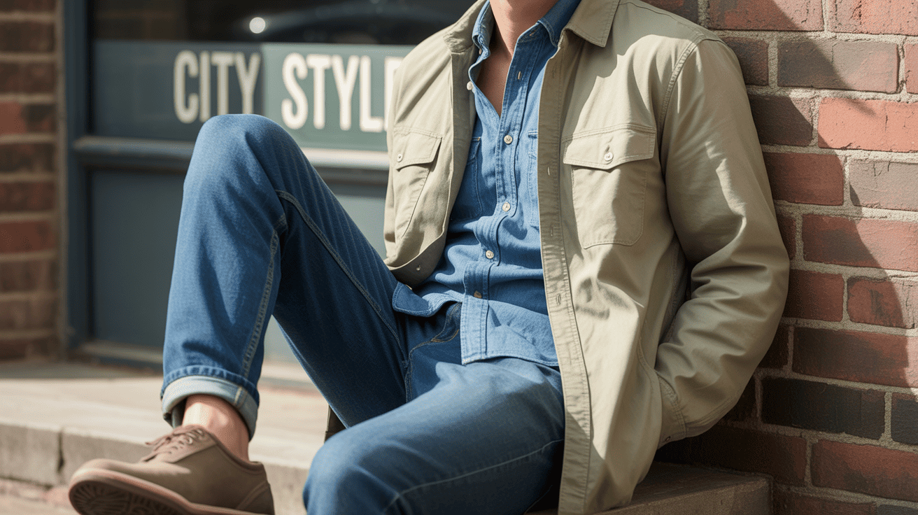 Khaki overshirt layered over denim shirt with blue jeans creating a timeless casual outfit combination