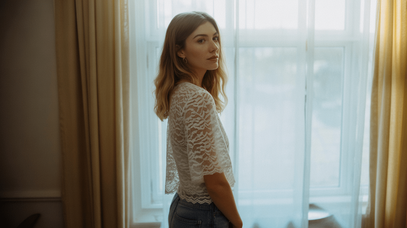 Semi-sheer lace top with embroidered detail