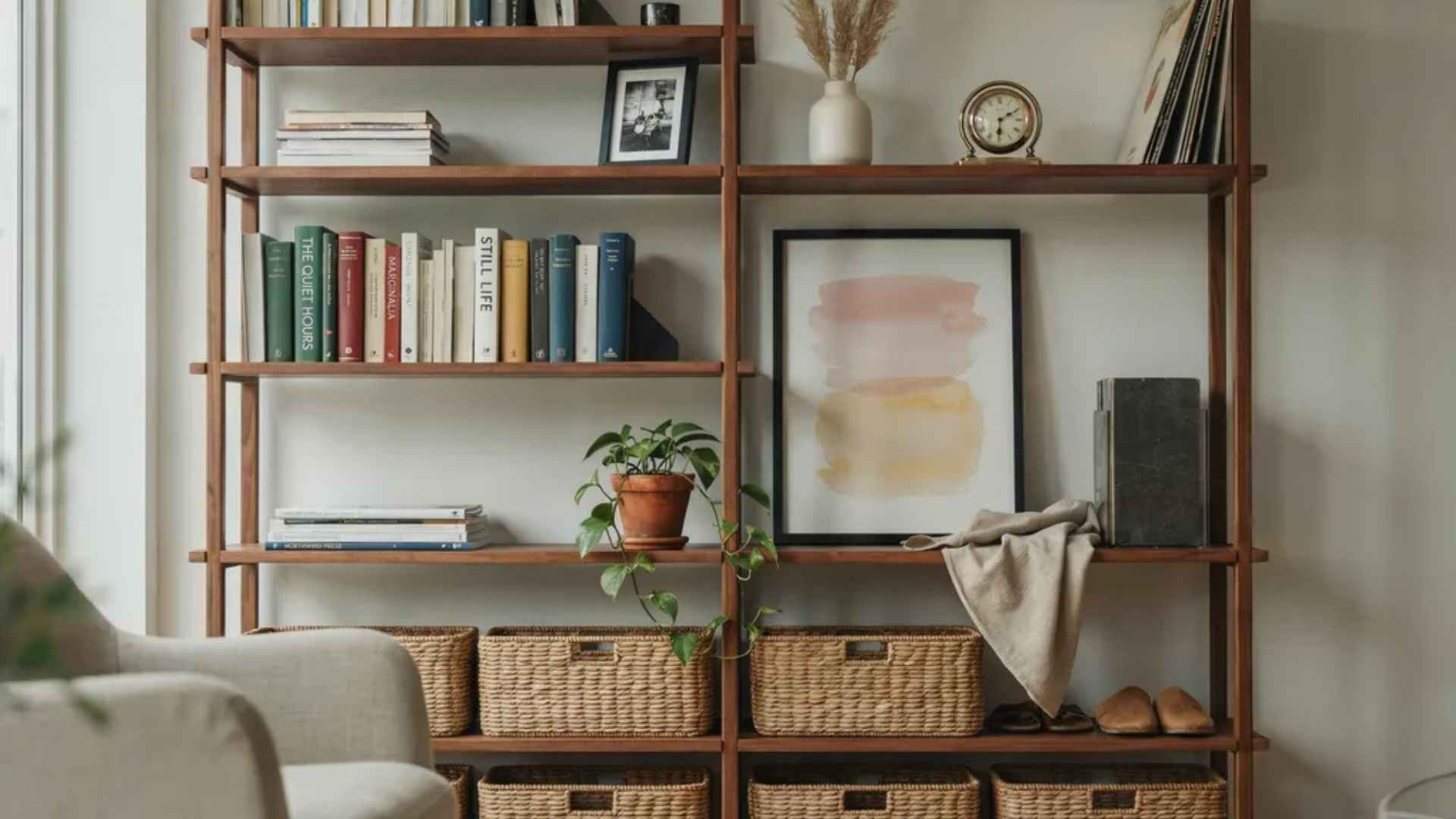 Framed print peeking out from behind a row of books