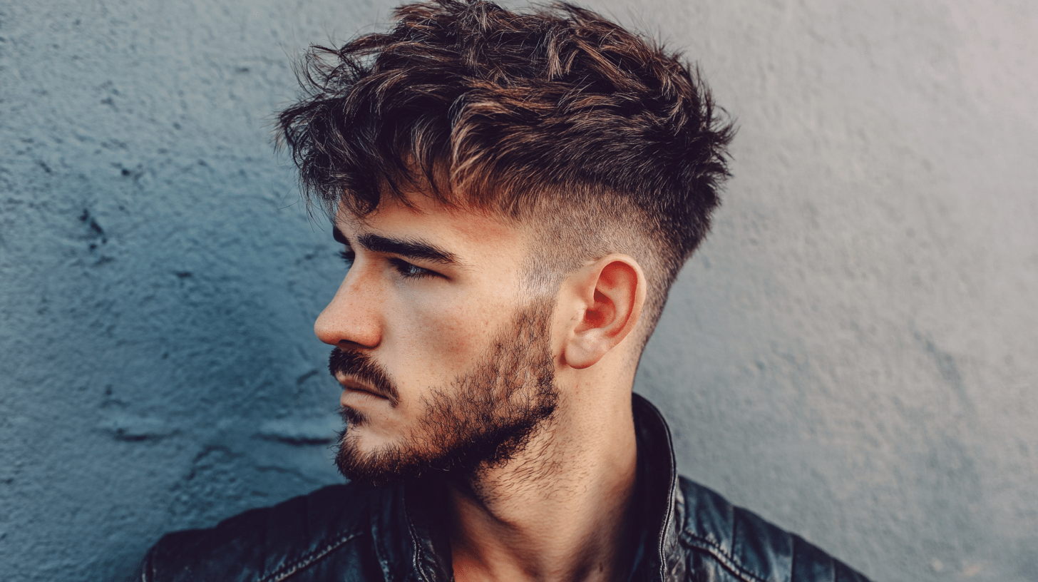 Man with textured crop haircut and layered volume hairstyle