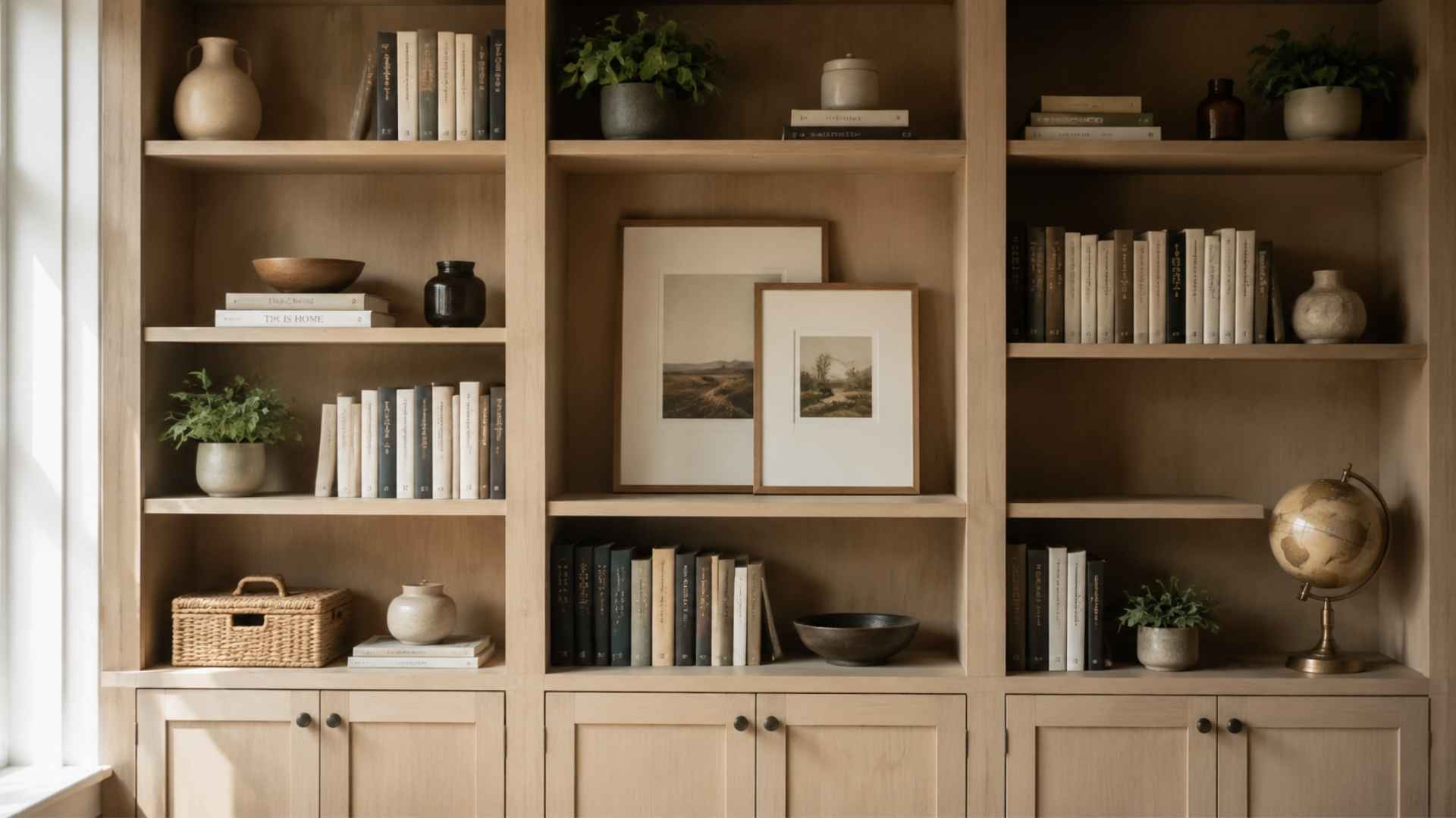 Overlapping picture frames leaned against a bookshelf back panel