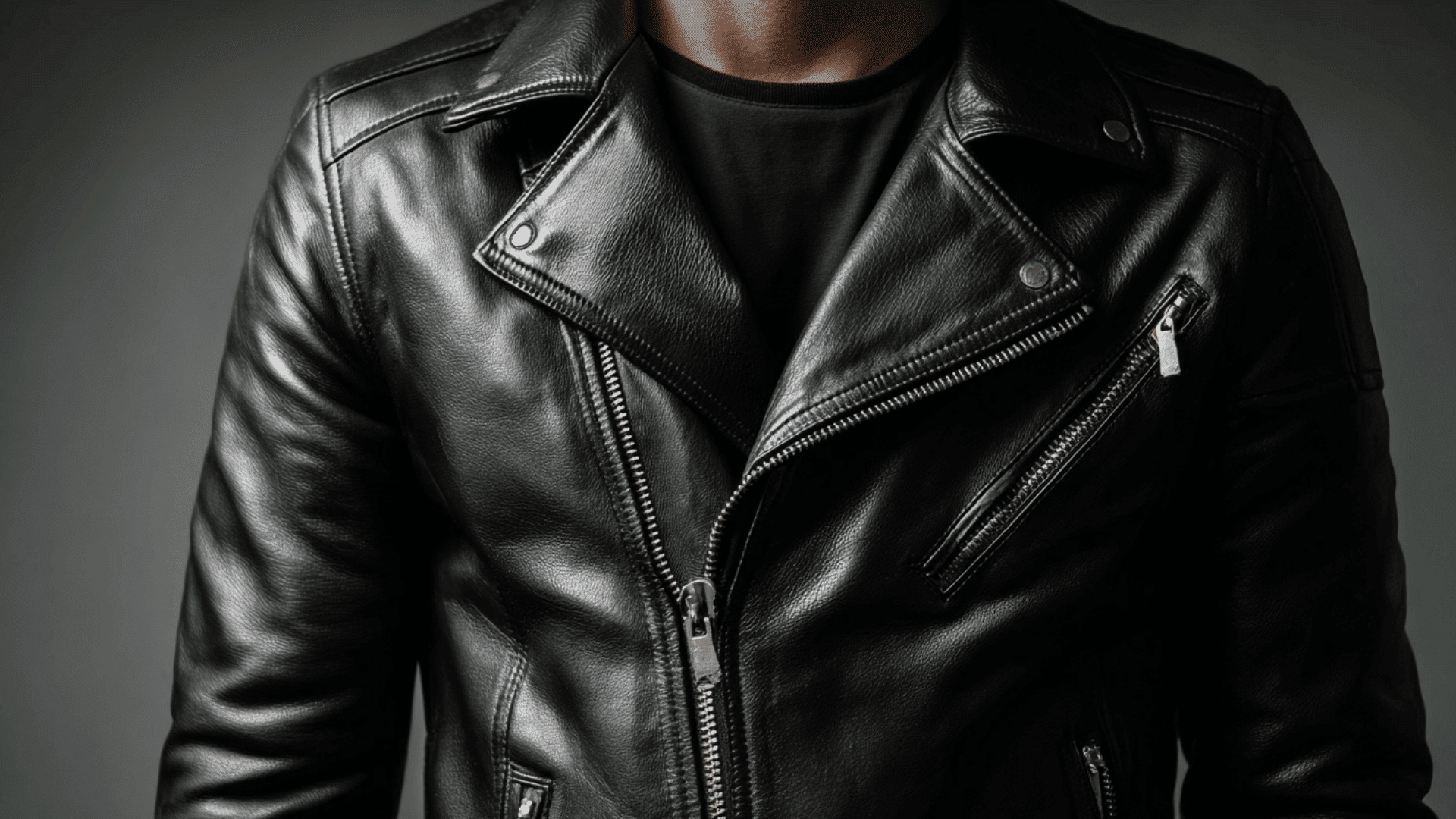 Black leather jacket with zip front and classic biker style for everyday fashion