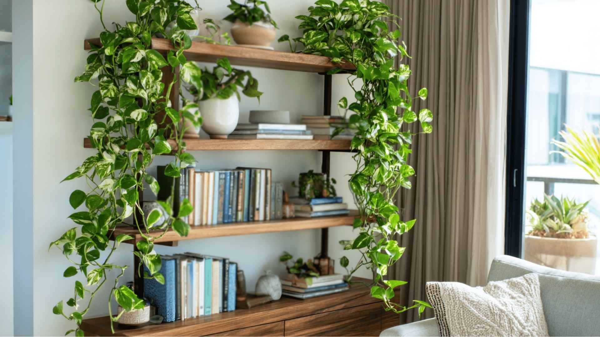 Trailing pothos plant draping over the edge of a bookshelf