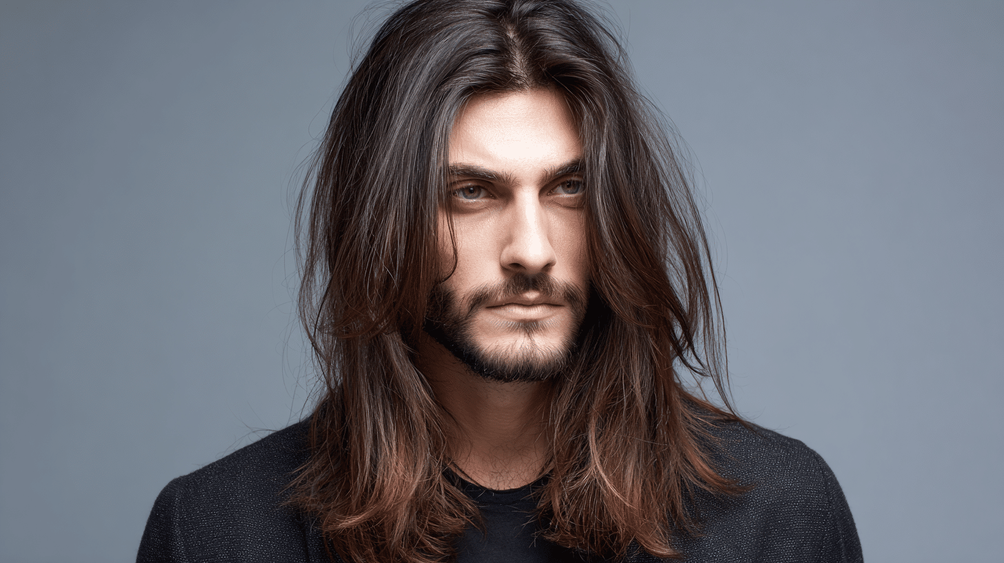 A man with long layered straight hairstyle with movement texture and balanced volume