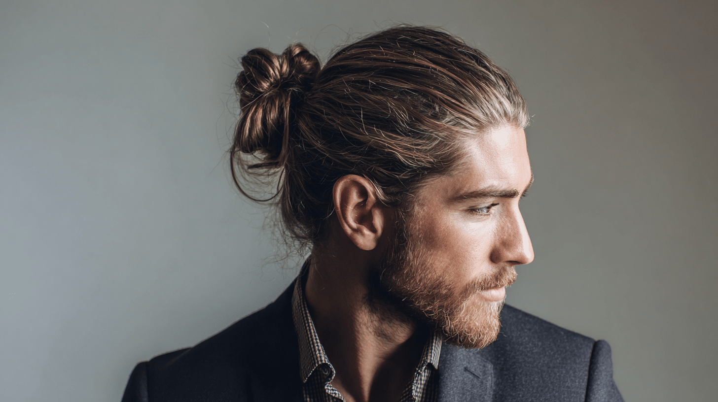 A man in bun hairstyle with tied back long hair and masculine modern look