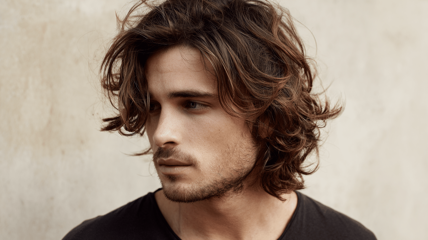 Loose wave permed hairstyle for men with natural soft texture and medium length flow