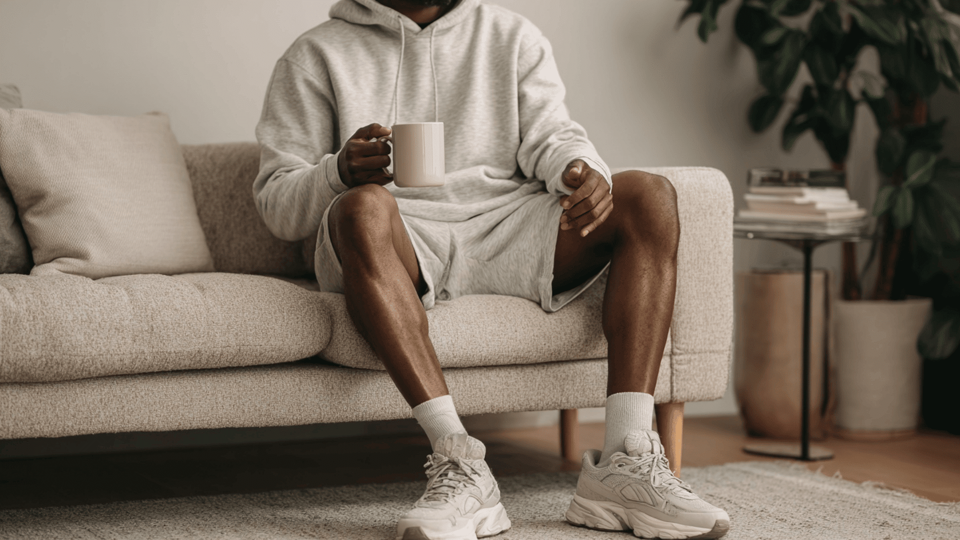Man wearing soft lounge shorts with a relaxed t shirt for everyday comfort at home.