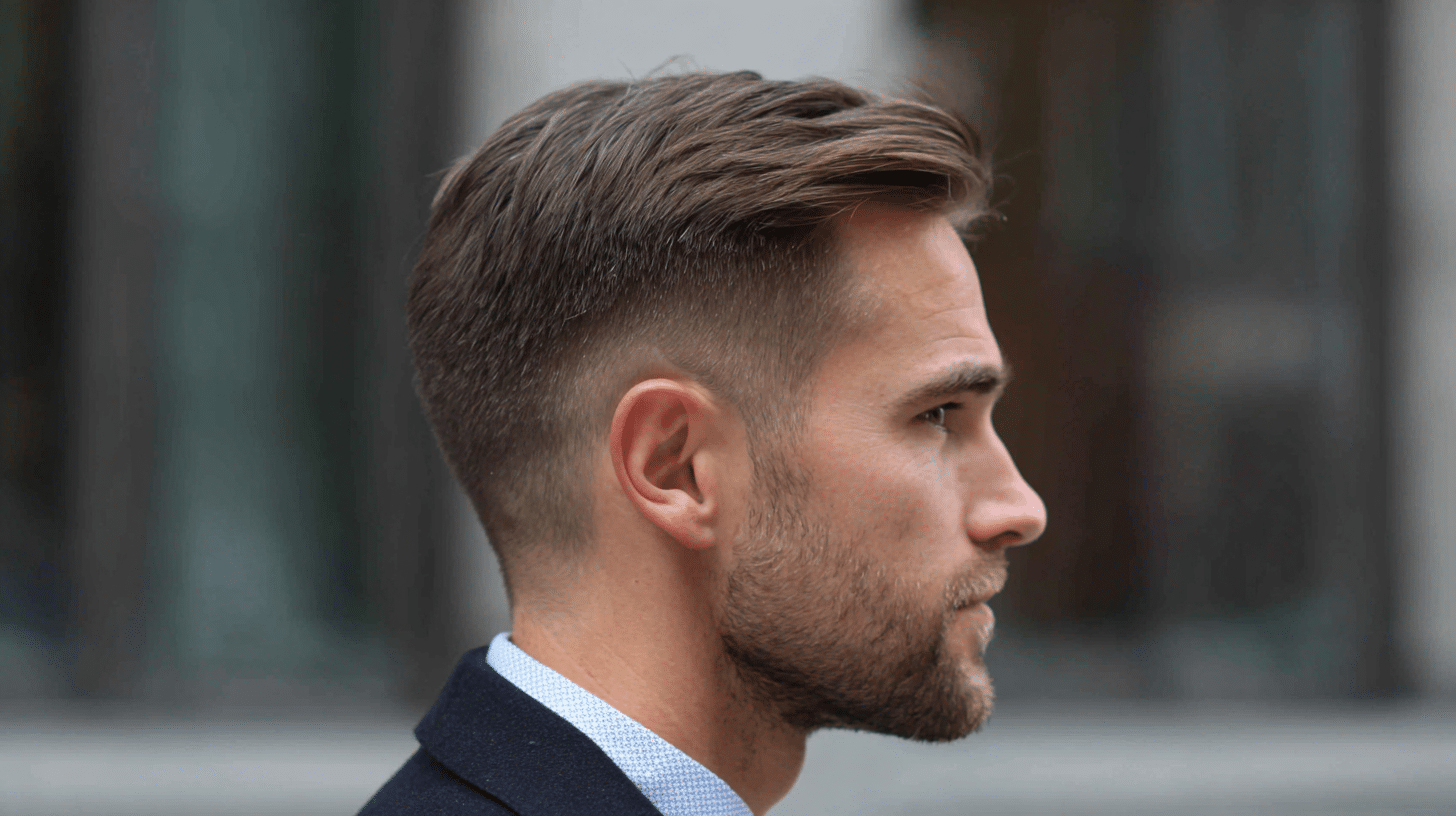 Man with subtle low fade haircut and textured hair on top