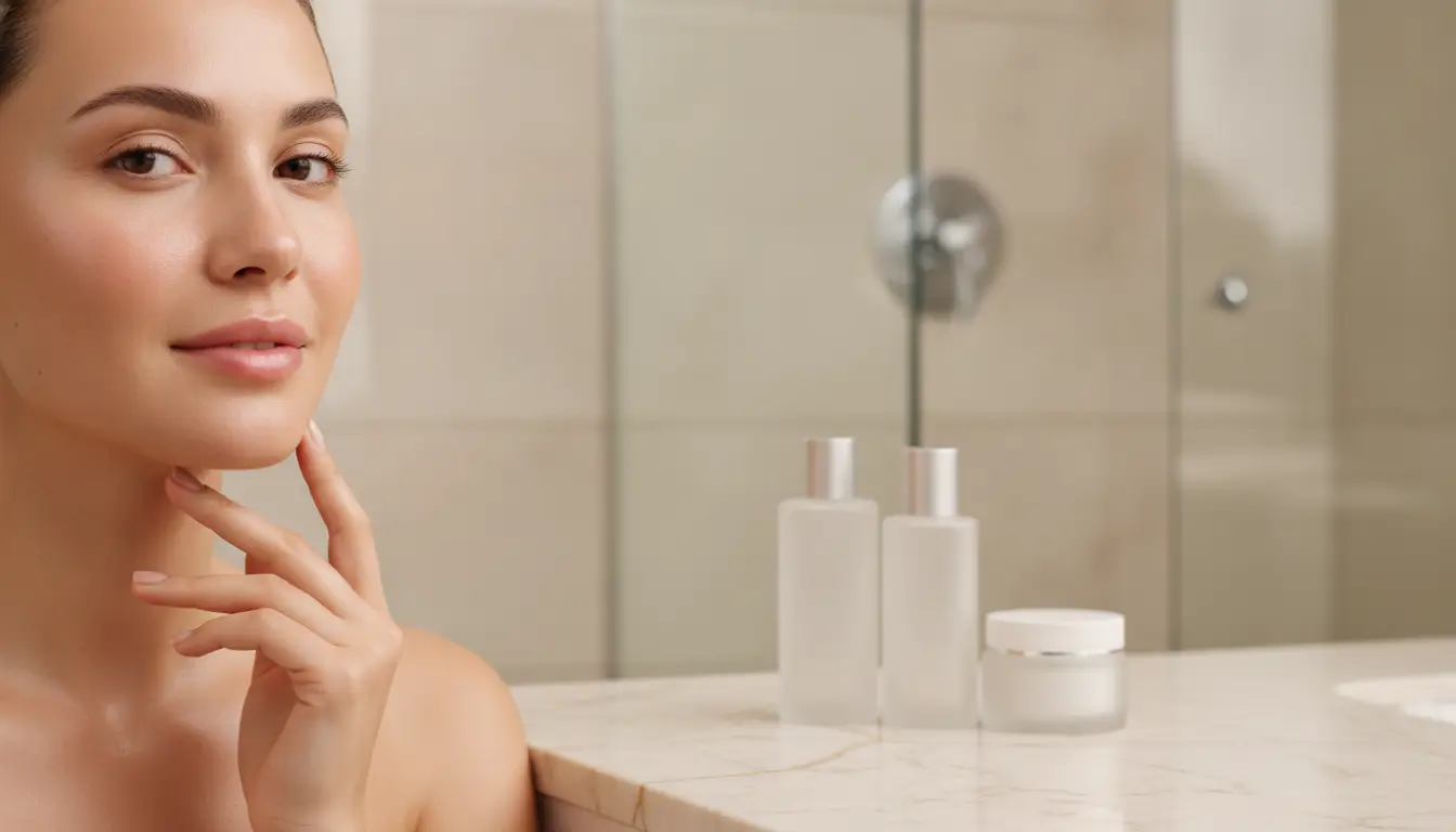 Women with healthy skin touching chin, marble bathroom countertop with skincare products in background
