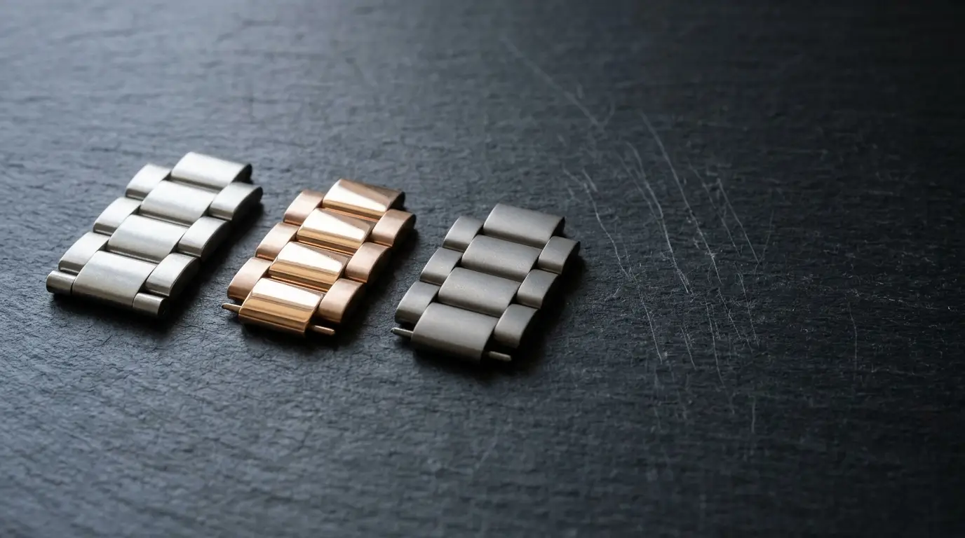 Three metal watch bracelet links in silver and rose gold on dark textured surface