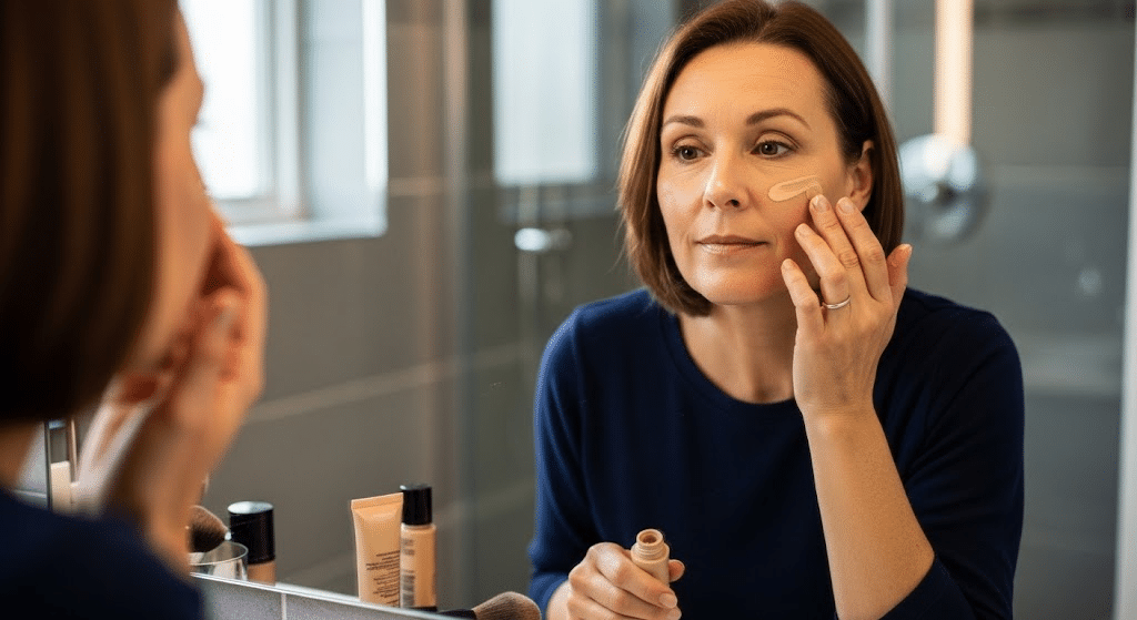 Woman applying foundation while looking in a mirror as part of a natural makeup routine for a youthful appearance