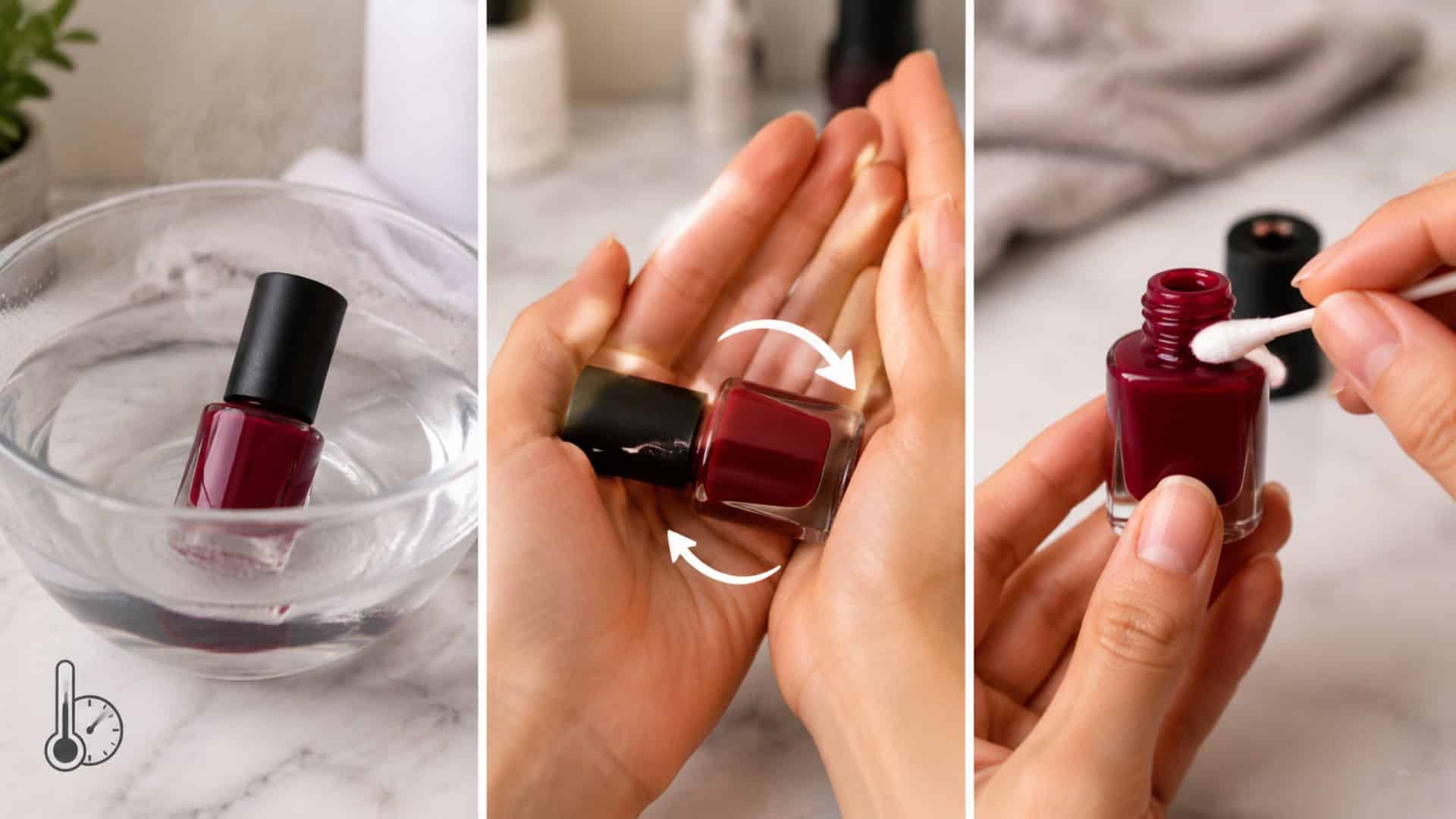 Warming, rolling, and cleaning a deep red nail polish bottle to restore smooth application